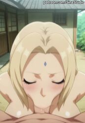 1boy 1girl :>= ai_generated blonde_hair blowjob blowjob_face blush breasts brown_eyes day deep_blowjob deepthroat erection facial_mark fellatio forehead forehead_mark half-closed_eyes indoors large_breasts lips long_hair looking_at_viewer looking_up mature monster_girl naruto naruto_(series) naruto_shippuden nipples nude oral outdoors patreon_username penis pov sinastudio sky smile solo_focus straight tagme tatami tsunade tsunade_(naruto) veins veiny_penis video watermark web_address