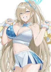 1girls absurdres alternate_costume asuna_(blue_archive) blue_archive blue_eyes blue_nails blue_ribbon blush breasts brown_hair cheerleader cleavage clothes_writing crop_top female hair_ribbon highres holding holding_pom_poms large_breasts long_hair looking_at_viewer millennium_cheerleader_outfit_(blue_archive) miniskirt mole mole_on_breast nail_polish navel pom_pom_(cheerleading) pom_poms ref_(pmxt4483) revision ribbon simple_background skirt smile solo stomach thighs very_long_hair white_background white_skirt