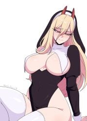 1girls alternate_breast_size big_breasts blonde_hair blue_eyes blushing breasts busty chainsaw_man cleavage clothed clothing demon demon_girl demon_horns embarrassed female female_only gato_gratam horns hourglass_figure huge_breasts large_breasts long_hair nervous no_bra no_panties nun nun_outfit orange_eyes pelvic_curtain power_(chainsaw_man) revealing_clothes shy sitting slim_waist solo solo_female thick thick_thighs thighhighs thighs underboob voluptuous voluptuous_female white_background wide_hips