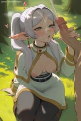 1boy 1girl ai_generated blush breasts breasts_outside cum cum_on_upper_body cum_string elf erection facial forest frieren grass green_eyes heart hetero hi_res high_quality high_resolution long_hair medium_breasts nature nipples no_bra open_mouth outdoors patreon patreon_username penis pointy_ears seductive sexy solo_focus sousou_no_frieren tree twintails uncensored veins watermark