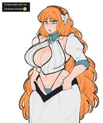 1girls big_breasts blush cosplay crossover curvy curvy_figure cute eclipseecliptus female_focus freckles freckles_on_ass freckles_on_breasts freckles_on_face freckles_on_shoulders inoue_orihime inoue_orihime_(cosplay) ishmael_(limbus_company) limbus_company long_hair mostly_clothed no_bra orange_hair project_moon shy shy_expression solo solo_female string_panties thick_thighs white_background wide_hips