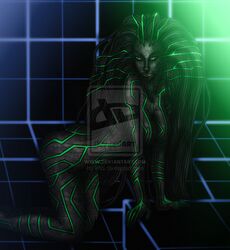 big_breasts black_hair black_sclera body_markings cyberspace dark-skinned_female green_eyes shodan system_shock tagme watermark