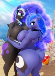 2girls 3d 3d_(artwork) alicorn anthro anthro_only ass ass_view back_view beach beach_ball blue_body blue_eyes blue_hair breasts breasts_pressed_together bubble_ass bubble_butt chair cloud crown curvy curvy_figure cutie_mark dark_body duo duo_female equine ethereal_hair fat_ass female female_only friendship_is_magic headwear helmet horn huge_ass huge_breasts long_hair looking_at_each_other lounge_chair makeup mammal my_little_pony neckwear nightmare_moon_(mlp) nude ocean outdoors outside pony princess_luna_(mlp) rear_view sand seaside sign sky small_wings snuddy standing sunbeam sunrays symmetrical_docking thick_thighs voluptuous water wide_hips wings