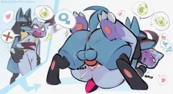 anal anal_penetration anthro anus backsack balls bodily_fluids canid claws cum cum_in_ass cum_inside cumshot duo egg ejaculation forehead_gem from_front_position fur gem gender_confusion gender_symbol generation_4_pokemon generation_8_pokemon genital_fluids genitals hand_spike hi_res looking_pleasured lucario male male/male male_penetrated male_penetrating male_penetrating_male male_symbol mammal marshmallow-ears mating_press nintendo penetration penile penile_penetration penis penis_in_ass pokemon pokemon_(species) purple_body purple_fur red_eyes sex sneasler spikes spikes_(anatomy) symbol thick_thighs