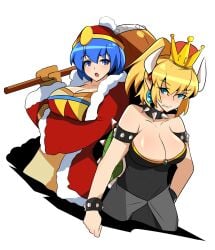 2girls alto-kun blonde_hair blue_hair bowsette breasts hair horns