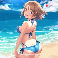 1girl ass beach bikini blue_bikini blue_eyes blue_sky brown_hair from_behind horizon looking_at_viewer looking_back love_live! love_live!_sunshine!! mobukichi ocean open_mouth outdoors short_hair smile solo watanabe_you
