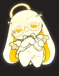2026 absurd_res anthro big_glasses bottomless bow_tie chibi clothed clothing clothing_lift cute eyewear female genitals glasses halo hi_res looking_at_viewer mammal round_glasses seuppi simple_background solo topwear vulva white_body wings yellow_eyes