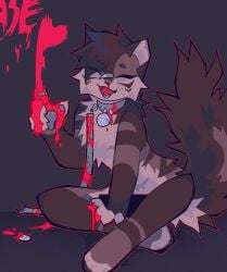 2024 anthro bandage bell bell_collar blood bodily_fluids brown_body brown_fur censor_bar collar domestic_cat felid feline felis fur green_collar green_pawpads hysterectomy_scar jj_(vinqou) leash mammal mastectomy_scar name_tag pawpads scar solo tan_body tan_fur vinqock writing_text