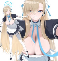 1girl absurdres apron asuna_(blue_archive) back_bow black_dress black_shoes blonde_hair blue_archive blue_bow blue_bowtie blue_eyes blue_halo blue_ribbon bow bowtie breasts choker cleavage closed_eyes collarbone commentary dongye1551 dress grin hair_over_one_eye hair_ribbon halo headphones highres large_breasts leash long_hair looking_at_viewer maid_apron maid_headdress puffy_short_sleeves puffy_sleeves ribbon shoes short_sleeves smile solo thighhighs very_long_hair white_bow white_thighhighs
