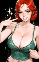 1girls ai_generated big_breasts breasts cd_projekt_red female freckles freckles_on_breasts freckles_on_face green_eyes green_nails light-skinned_female light_skin looking_at_viewer mascara navel nipples_visible_through_clothing philolite red_hair smiling smiling_at_viewer solo solo_female the_witcher_(series) the_witcher_3:_wild_hunt triss_merigold victory_sign