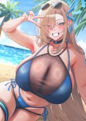 1girl :d aki_yama73 alternate_costume arm_up armpits asuna_(blue_archive) bare_arms bare_shoulders beach bikini black_choker blue_archive blue_bikini blue_collar blue_eyes blue_halo blue_nails blue_ribbon blush breasts brown_hair choker cleavage collar collarbone commentary day eyes_visible_through_hair eyewear_on_head hair_over_one_eye hair_ribbon halo hand_up highres huge_breasts long_hair mole mole_on_breast nail_polish navel ocean official_alternate_costume open_mouth outdoors paid_reward_available ribbon side-tie_bikini_bottom sideboob smile solo stomach sunglasses swimsuit thigh_strap v