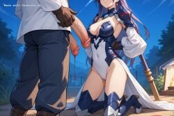 1girl absurdly_long_hair ai_assisted ai_generated anime_screencap armor blood_splatter campsite close_up epic_seven firelight flaccid_penis frowning high_quality juliet_sleeves kneeling leotard long_sidelocks long_sleeves looking_at_penis luna night outside source_anime thigh_high_boots upper_body weapon white_dress white_robe