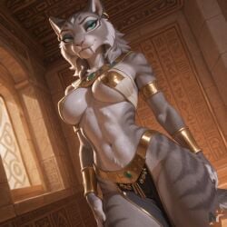 ai_generated anthro breasts close-up clothing dutch_angle egyptian egyptian_clothes female gold_jewelry jewelry shira_(ice_age) solo standing