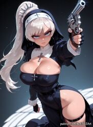 1girl 2026 ai_generated alternate_breast_size anime black_dress blue_eyes blue_nails boobs breasts cleavage clenched_hand covered_navel covered_nipples cross cross_necklace crossover dress earrings eye_contact female female_focus fingerless_gloves gloves gun habit handgun handwear highres holding holding_gun holding_weapon huge_breasts jewelry large_breasts long_hair looking_at_viewer nail_polish necklace nsfw nun patreon patreon_username ponytail rognezart rwby scar scar_across_eye scar_on_face shiny shiny_skin side_ponytail skindentation solo thigh_strap very_long_hair weapon weiss_schnee white_hair