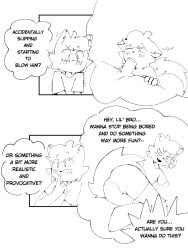 3:4 anthro bedroom_eyes blush bodily_fluids brother_(lore) brothers_(lore) butt comic dialogue domestic_cat duo english_text felid feline felis fellatio flustered genitals hi_res horny_mel imagination incestuous_temptation_(lore) male male/male mammal monochrome narrowed_eyes oral penile penis presenting presenting_hindquarters saliva seductive sex sibling_(lore) text thought_bubble