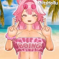 beach beach_background big_breasts bouncing_breasts hololive hololive_english itshollu peace_sign raora_panthera raora_panthera_(beach_episode) tagme tan_body tan_skin video