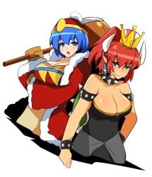 2girls alto-kun blue_hair bowsette breasts hair horns red_hair