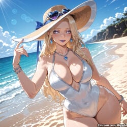 1girl ai_assisted ai_generated artist_name beach blonde_hair blue_eyes blue_sky bracelet breasts cleavage cloud curvaceous curvy curvy_female curvy_figure day earrings emma_frost female hat horizon jewelry large_breasts lips long_hair looking_at_viewer marvel marvel_rivals miyuai mole mole_under_mouth mountain mountainous_horizon necklace ocean one-piece_swimsuit outdoors sand shore sky smile solo sun_hat swimsuit thick thick_ass thick_butt thick_hips thick_legs thick_thighs voluptuous voluptuous_female water watermark wet white_swimsuit wide_hips wide_thighs