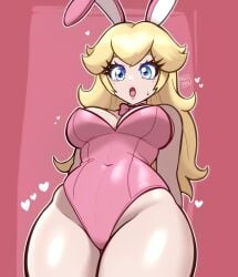 1girls blonde_hair breasts bunny_ears bunnysuit cleavage detached_collar earrings english_text female female_focus female_only fishnets large_breasts leotard light-skinned_female light_skin long_hair mario_(series) muis0802 nintendo pink_leotard princess_peach simple_background solo text thick_thighs thighhighs thighs wide_hips