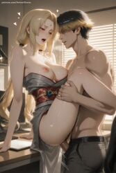 1boy 1girl ai_generated black_hair blonde_hair blush breasts heart hetero hi_res high_quality high_resolution indoors japanese_clothes kimono long_hair manly mole_under_mouth naruto_(series) nipples open_mouth patreon penis seductive sex sexy sweat tsunade uncensored watermark