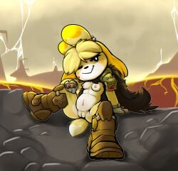 absurd_res animal_crossing anthro blood blood_on_clothing bodily_fluids boots breasts c0c0_ouendan canid canine canis casual_nudity clothing coat digital_media_(artwork) domestic_dog doom_(series) doom_slayer female footwear fur genitals hair hi_res id_software innie_vulva isabelle_(animal_crossing) lava looking_at_viewer mammal microsoft navel nintendo nipples nude one_eye_closed pink_nipples shih_tzu shoes solo spread_legs spreading tail topwear toy_dog vulva wink winking_at_viewer yellow_body yellow_fur