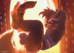 ankles_tied anthro bound brown_body brown_fur bulge clothed clothing digital_media_(artwork) feet fur guardians_of_the_galaxy hair hands_tied hi_res jockstrap looking_at_viewer male mammal marvel procyonid raccoon rocket_raccoon rope sidekick simple_background solo suspension tail toes topwear underwear