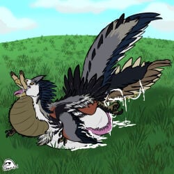 1:1 2022 ambiguous_gender black_body black_feathers bodily_fluids cum cum_covered deer dinosaur dromaeosaurid feathers feral flippin-rad genital_fluids genitals grass grey_body grey_feathers hi_res male mammal messy oral_vore penis plant prehistoric_species reptile saurischian scalie theropod unbirthing vaginal vore watermark white_body white_feathers yellow_eyes