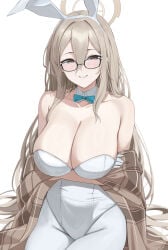 1girls absurdres akane_(blue_archive) akane_(bunny)_(blue_archive) arm_under_breasts bare_shoulders blue_archive blush brown_eyes brown_hair brown_shawl crossed_arms female glasses hair_between_eyes hairband halo highres leotard long_hair looking_at_viewer official_alternate_costume pantyhose parted_lips plaid_clothes plaid_shawl playboy_bunny ref_(pmxt4483) shawl sitting smile solo strapless strapless_leotard white_hairband white_leotard white_pantyhose wrist_cuffs yellow_halo