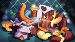 16:9 anthro bodily_fluids cum cum_inside duo eyes_closed female feral generation_6_pokemon generation_9_pokemon genital_fluids genitals heart_symbol hi_res holding_neck lying male male/female mega_evolution mega_lopunny mega_scrafty moan nintendo on_back onomatopoeia open_mouth orgasm pawpads penetration penis pokemon pokemon_(species) raised_leg smile sound_effects steam sweat text vulva widescreen zurumimi