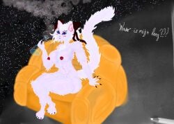 absurd_res accessory anthro armchair big_breasts black_bow bong bow_ribbon boy_kisser_(meme) breasts chair curvy_figure domestic_cat drugs dutch_text felid feline felis female fluid_anatomy fur furniture girlkisser hair_accessory hair_bow hair_ribbon hi_res looking_at_viewer mammal marijuana meme neonhermit4444 nipples parodies pink_nipples ribbons sitting sky smile smirk smoke smoking solo space star starry_sky text thick_thighs voluptuous white_body white_fur