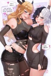 2girls asian asian_female big_breasts black_clothing black_hair blonde_female blonde_hair blue_eyes blush bra bra_visible_through_clothes breast_press breasts breasts_to_breasts brown_eyes choker cleavage closed_mouth clothing english_text hand_on_hip hand_on_own_hip heterochromia hips kabedon korean korean_female light-skinned_female light_skin lipstick long_hair luna_snow luna_snow_(marvel_rivals) magik_(illyana_rasputin) magik_(marvel_rivals) marvel marvel_comics marvel_rivals mutant_(marvel) navel no_pants panties panties_visible_through_clothing prywinko red_lipstick russian russian_female seol_hee short_hair size_difference small_breasts spikes torn_clothes transparent_clothing two-tone_hair white_background white_hair wide_hips