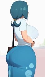 1girl alternate_ass_size_(larger) alternate_breast_size_(larger) ass bag blue_hair blue_skirt bracelet breasts curvy female highres huge_ass huge_breasts jewelry lana's_mother_(pokemon) mature_female pokemon pokemon_(anime) pokemon_the_series:_sun_&_moon shirt shoulder_bag skirt solo vehn white_shirt