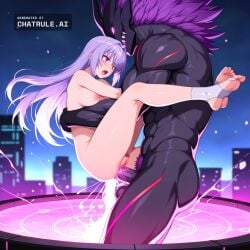 1girl ai_assisted ai_generated anal_sex anime_screencap attack barefoot barely_clothed blurry_background city double_penetration fighting_stance foot_fetish from_side full_body_view glowing lavender_hair light_particles long_hair medusa naked_pussy perfect_anatomy perky_breasts purple_eyes rough_sex science_fiction sex_from_behind toeless_legwear uncensored vaginal_sex