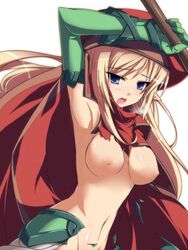 1girls alleyne armpits blonde_hair blue_eyes breasts breath cum elf facial female hat katami_shinta nipples pointy_ears queen's_blade simple_background solo topless torn_clothes