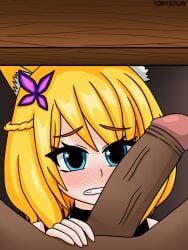 black_penis blonde_female blonde_hair blue_eyes blush blush_lines blushing hidden_sex millymusiic tony_x_play tonyxplay vtuber vtuberfanart