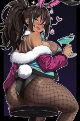 ass big_ass big_breasts brown_hair bunny_ears bunny_tail bunnysuit dark-skinned_female fishnet_legwear fishnets fur_jacket indie_virtual_youtuber jacket looking_back neon_harper neon_harper_(bunnysuit) spandex tan_skin tights virtual_youtuber