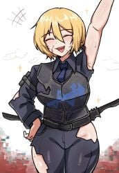 1girl absurdres arm_up armor belt blonde_hair blood blood_on_face breasts closed_eyes commentary don_quixote_(limbus_company) hand_on_own_hip highres limbus_company necktie pants project_moon shirt smile solo standing sweat torn_clothes torn_pants torn_shirt