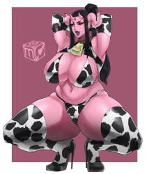 arms_behind_head big_breasts black_sclera cow_bell cow_print cowkini damndani_(vtuber) high_heel_boots huge_breasts pink_horns pink_skin sekushimagik spread_legs thick_thighs