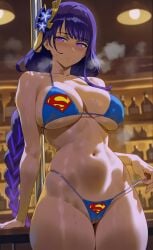 1female 1girl 1girls ai_assisted ai_generated bar_background bikini bikini_bottom bikini_top dc dc_comics genshin_impact hair hair_ornament pole pose purple_eyes purple_hair raiden_shogun sexy sexy_pose solo solo_female solo_focus superman_(cosplay) superman_(series) superman_logo tiny_bikini