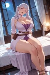 1girl ai_generated bangs bed belt black_clover breasts cleavage curtains dress hi_res high_quality high_resolution indoors kiraamane long_hair looking_at_viewer moon night noelle_silva patreon purple_dress purple_eyes purple_panties seductive sexy sitting sky smile solo thighs uncensored watermark window