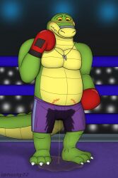 2026 2:3 absurd_res alligator alligatorid anthro biped bodily_fluids bottomwear boxing_gloves boxing_shorts brok_(brok_the_investigator) brok_the_investigator clothing cowcat_games crocodilian embarrassed fighting_ring genital_fluids green_body handwear hi_res male musclegut muscular omorashi reptile scalie shorts slightly_chubby solo sphusky72 urine wetting