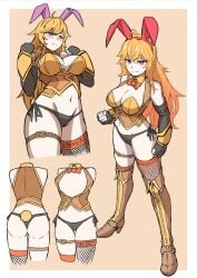 1girls blonde_female blonde_hair cleavage ember_celica half-dressed half_naked half_naked_female long_hair long_hair_female mori_kuro red_eyes rwby solo_female yang_xiao_long