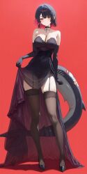 1girls ai_generated big_breasts black_and_red_hair black_dress choker cleavage ellen_joe female garter_straps high_heels highres lace_thighhighs shark_tail short_hair solo thighhighs zenless_zone_zero