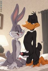 2boys ai_generated anthro black_body black_fur bugs_bunny bunny bunny_ears cartoony comparing_penis daffy_duck duck femboy furry gay grabbing_own_penis holding_penis hydrai male male_only rabbit white_fur