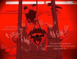 blindfold blitzo_(helluva_boss) execution executioner_hood filming guillotine heart_symbol helluva_boss potatonebula predicament_bondage running_mascara stolas_(helluva_boss) text