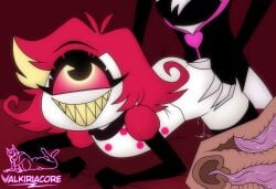 1boy 1girl 2d accurate_art_style accurate_body_type artist_signature ass black_limbs butt clothed_sex cum_drip cyclops demon demon_girl digital_media_(artwork) doggy_style female_penetrated fluids from_behind grin hazbin_hotel hellaverse hetero large_penis looking_at_viewer lying maid maid_dress male_penetrating niffty niffty_(hazbin_hotel) on_stomach one_eye partially_clothed penis precum red_hair sharp_teeth smile straight thick_penis vaginal vaginal_penetration valkiriacore veiny_penis watermark white_dress yellow_eyes