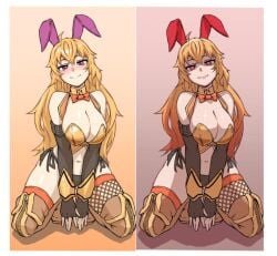 1girls blonde_female blonde_hair bunny_ears bunny_girl bunnysuit cleavage difference half-dressed half_naked half_naked_female long_hair long_hair_female mori_kuro red_eyes rwby yang_xiao_long