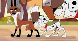 101_dalmatian_street 101_dalmatians absurd_res animal_genitalia animal_penis butt_sniffing canid canine canine_genitalia canine_penis canis dalmatian disney domestic_dog duo dylan_(101_dalmatians) english_text erection feral feral_on_feral fergus_(101_dalmatians) fox foxyneo genitals hi_res intraspecies knot knotted_penis male male/male mammal penis red_fox skateryena sniffing text true_fox