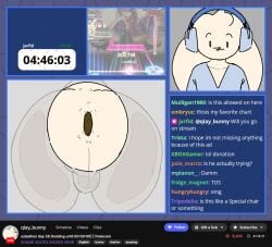 anthro anus_focus backsack balls big_butt butt butt_focus chat crowning_feces desperation dot_eyes electronics english_text exhibitionism feces genitals headphones huge_butt livestream male male_only mouthless poop_desperation scat simple_eyes social_media solo text tiosqr twitch.tv voyeur white_body wide_hips