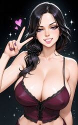 1girls ai_generated big_breasts black_hair breasts cd_projekt_red female light-skinned_female light_skin looking_at_viewer mascara navel nipples_visible_through_clothing philolite purple_eyes purple_nails smiling smiling_at_viewer solo solo_female the_witcher_(series) the_witcher_3:_wild_hunt victory_sign yennefer